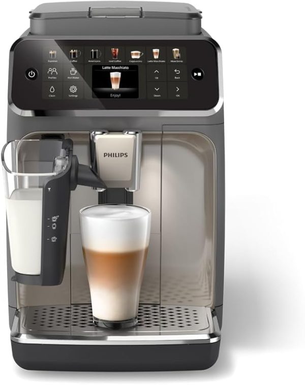 PHILIPS 4400 Series Fully Automatic Espresso Machine – 12 Hot & Iced Coffees, Quick-to-Clean LatteGo Milk System, SilentBrew, QuickStart, Ceramic Grinder, Black Chrome